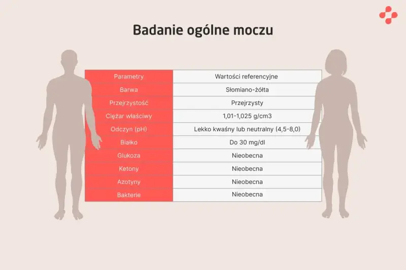 Tabela z parametrami badania moczu: barwa, przejrzystość, ciężar właściwy, odczyn, białko, glukoza, ketony, azotyny, bakterie. Obok wartości referencyjne.