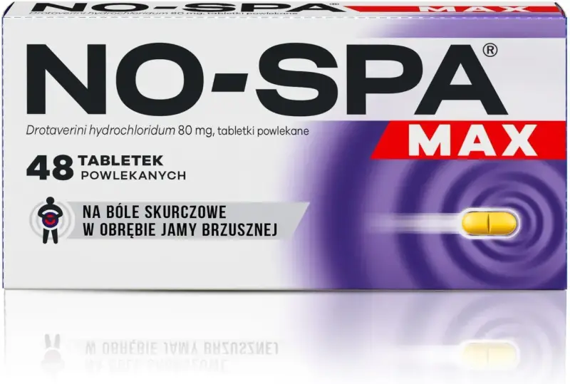 Opakowanie leku No-Spa Max na bóle skurczowe brzucha. Pomaga przy niestrawność objawy. 48 tabletek.