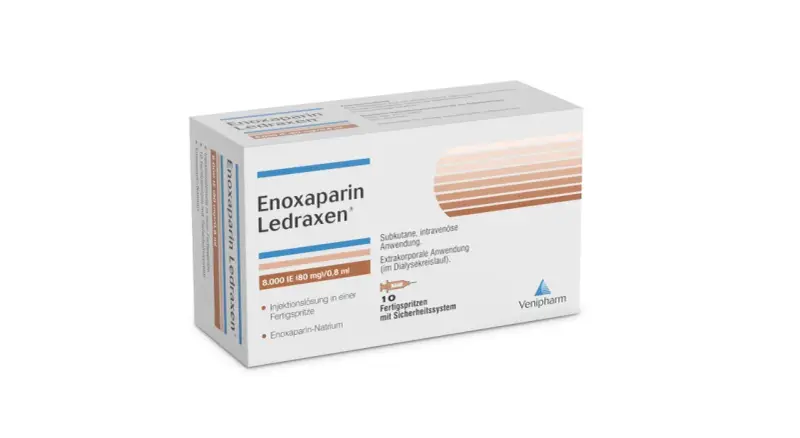 Packung Enoxaparin Ledraxen mit 10 Fertigspritzen. Die Injektionslösung enthält Enoxaparin-Natrium für subkutane und intravenöse Anwendung.