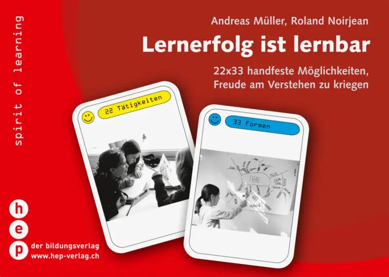 Zwei Karten zeigen eine positive lernatmosphäre: Kinder lernen gemeinsam und eine Schülerin erklärt eine Mindmap.