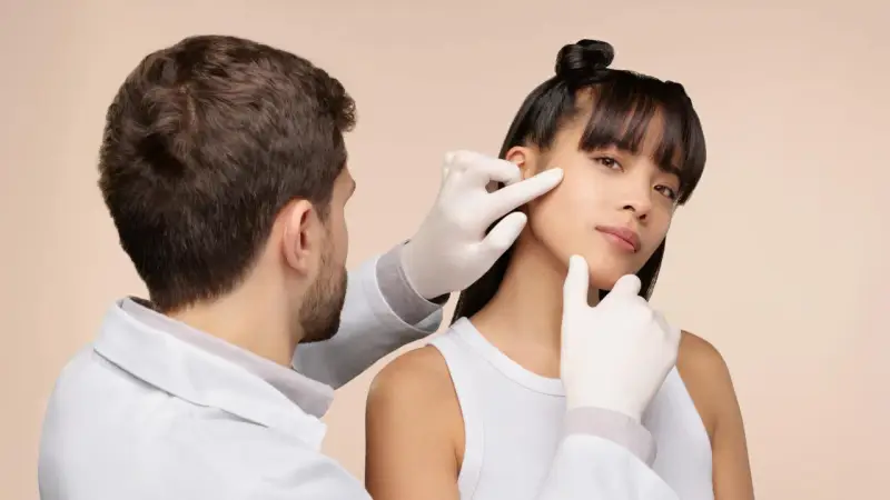 Un médecin examine le visage d'une jeune femme, suggérant une consultation pour une pilule contre l'acné.