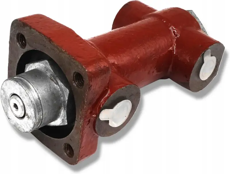 Część hamulca ciągnika Zetor: metalowy element z czerwonym korpusem i srebrnymi zaślepkami.