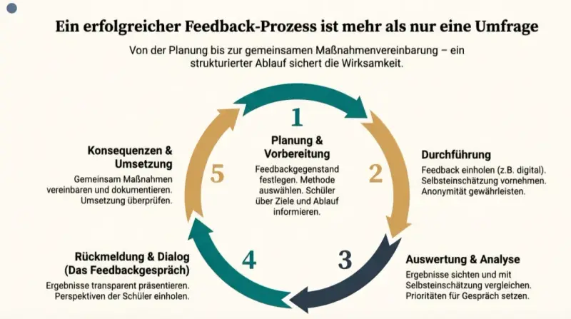 Kreislauf erfolgreicher Feedback-Methoden im Unterricht: Planung, Durchführung, Auswertung, Dialog und Umsetzung.