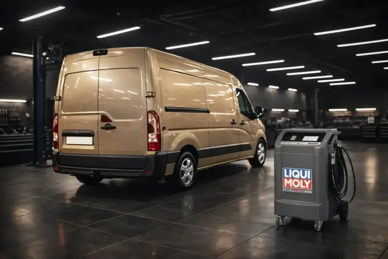 Złoty van w warsztacie obok urządzenia Liqui Moly do wymiany oleju. Idealny do serwisu Master 2.3 ile oleju.