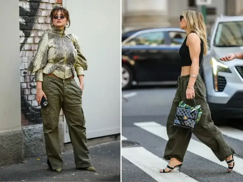 Dwie kobiety w spodniach cargo w kolorze khaki. Jedna w bluzce z wzorem, druga w krótkim czarnym topie.