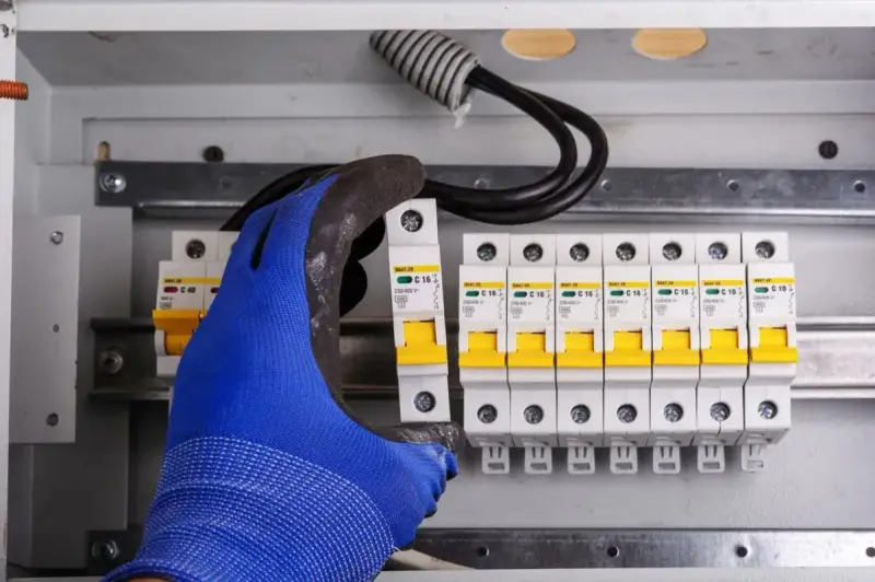Ręka w niebieskiej rękawicy montuje bezpiecznik w skrzynce elektrycznej. Obok widać rząd innych bezpieczników i przewody. To ważny element instalacji, chroniący przed skutkami wyładowań, jak odgromnik.