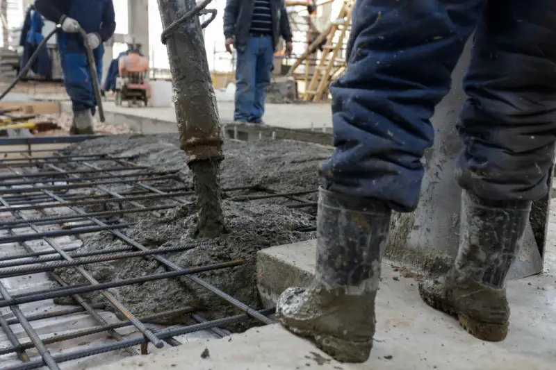 Beton wylewany na zbrojenie. Pracownicy w gumowcach nadzorują proces, który decyduje, ile kosztują fundamenty.