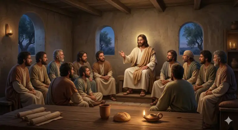 Jesus spricht zu seinen Jüngern, wie in Johannes 14, 27 beschrieben: "Frieden lasse ich euch, meinen Frieden gebe ich euch.