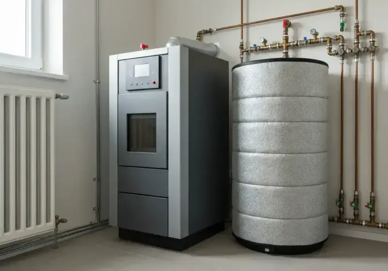 Nowoczesny piec na pellet obok zasobnika, który działa jak bufor ciepła, gromadząc energię do ogrzewania domu.