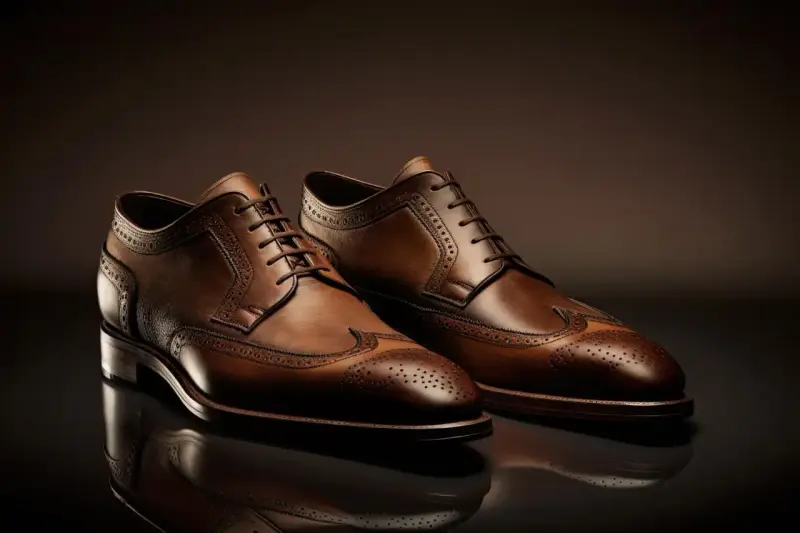 Eleganti scarpe stringate in pelle marrone, un esempio di diversi tipi di scarpe classiche da uomo con decorazioni traforate.