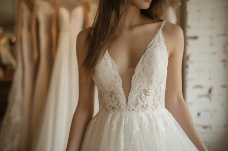 Une mariée essaie une robe en dentelle. Le prix moyen d'une robe de mariée en France varie selon le modèle.