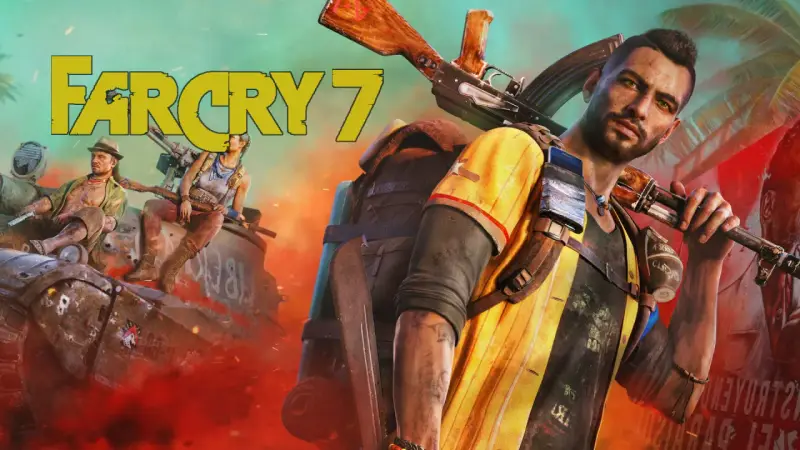 El protagonista de Far Cry 7, con un rifle al hombro, mira fijamente. Detrás, dos rebeldes en un tanque, listos para la acción.