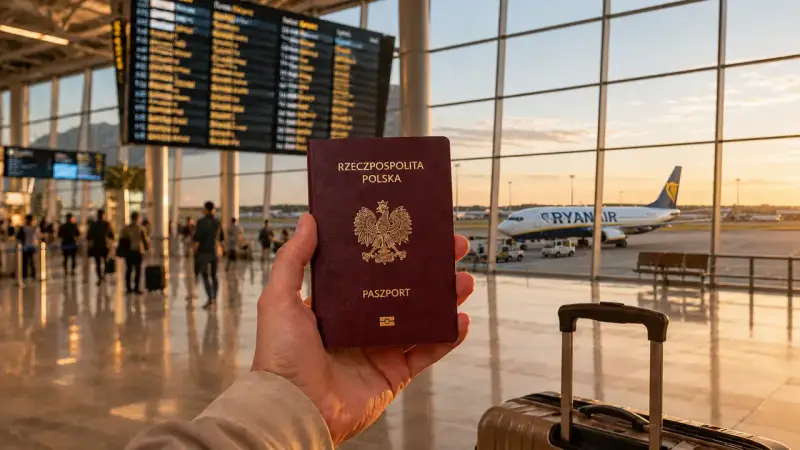 Polska walizka i paszport czekają na lotnisku na podróż. Samolot Ryanair gotowy do startu.