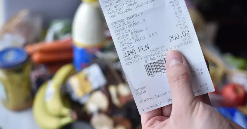 Ręka trzyma paragon z zakupów spożywczych, na którym widnieje suma 250,02 zł. Zastanawiasz się, gdzie wyrzucać paragony? Ten jest z papieru termicznego.