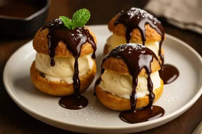 Trois profiteroles au chocolat, garnies de glace à la vanille et de sauce au chocolat, une touche de menthe pour parfaire cette recette.