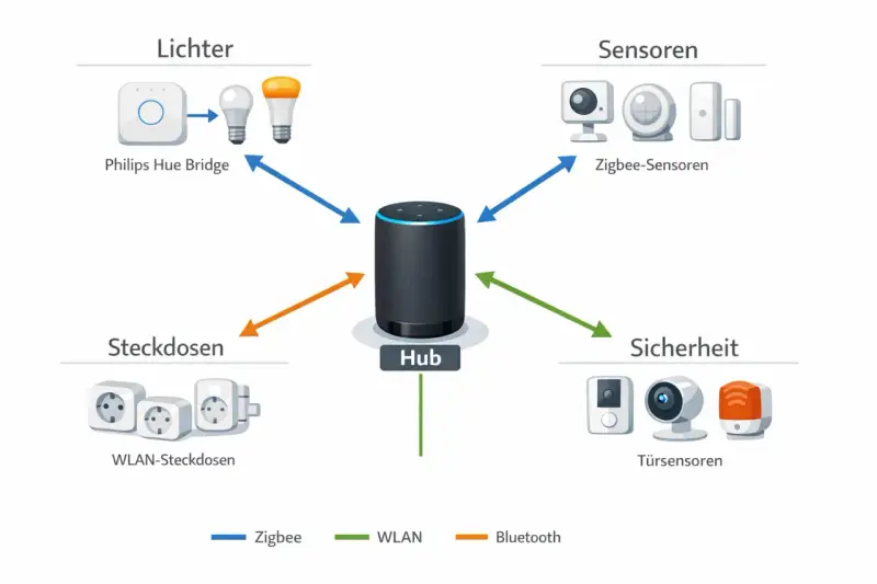 Schema zeigt, wie Philips Hue Bridge, Zigbee-Sensoren, WLAN-Steckdosen und Türsensoren mit einem Hub verbunden sind. Die Hue Bridge Reichweite wird durch Zigbee-Verbindungen erweitert.