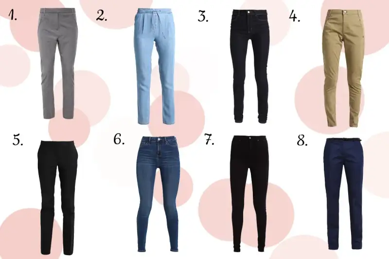 Osiem par spodni: szare w kratkę, błękitne jeansy, czarne rurki, beżowe chinosy, czarne eleganckie, niebieskie jeansy, czarne skinny, granatowe. Jaki to rozmiar?