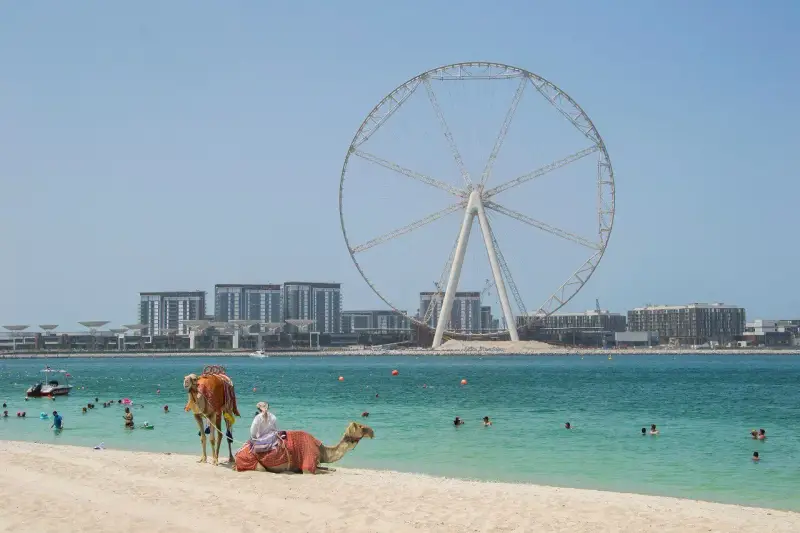 Plaża w Dubaju z wielkim kołem widokowym w tle. Czy do Dubaju trzeba paszport? Tak, ale widok jest wart podróży!