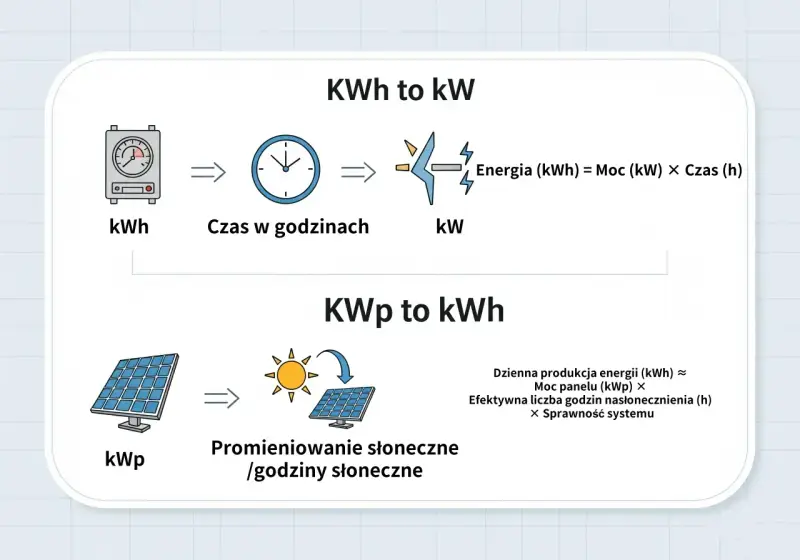 Schemat wyjaśnia przeliczanie jednostek energii i mocy dla instalacji fotowoltaicznej: kWh na kW oraz kWp na kWh.