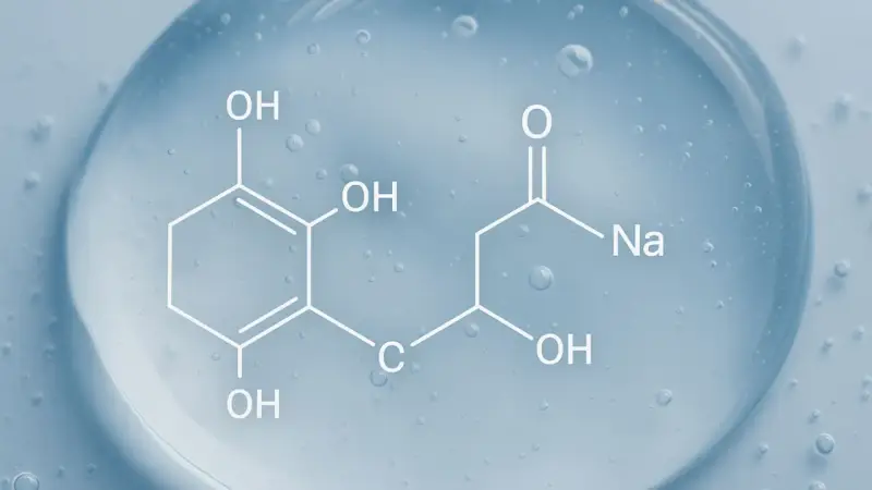Struktura chemiczna hialuronianu sodu na niebieskim tle z pęcherzykami powietrza.