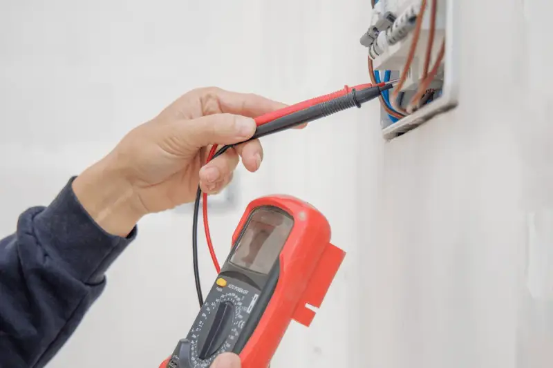 Elektryk sprawdza instalację elektryczną multimetrem, przygotowując protokół odbioru.