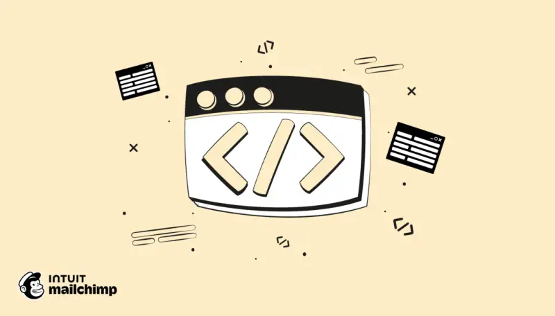 Webseite mit HTML-Tags und Code-Symbolen.