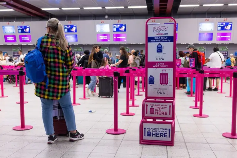Kolejka do odprawy Wizzair. Tablica informuje, co trzeba wyjąć z bagażu podręcznego: płyny, elektronikę i przedmioty ostre.