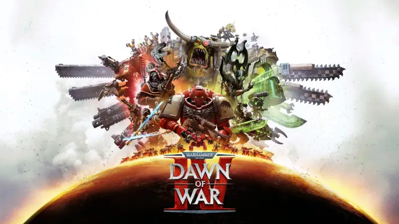 Un marine espacial rojo, un orco gigante y otras unidades de Warhammer 40,000 se alzan sobre un planeta en el arte de Dawn of War 4.