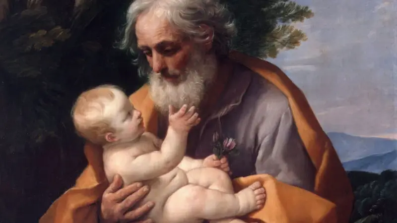 Święty Józef czule trzyma Dzieciątko Jezus, symbolizując opiekę i miłość. Obraz ten może inspirować do modlitwy do św. Józefa.