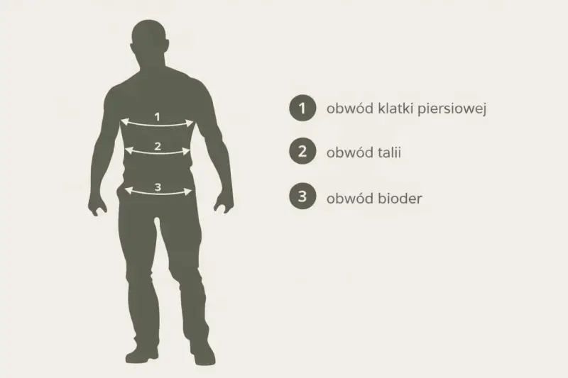 Sylwetka mężczyzny z zaznaczonymi obwodami: klatki piersiowej, talii i bioder.