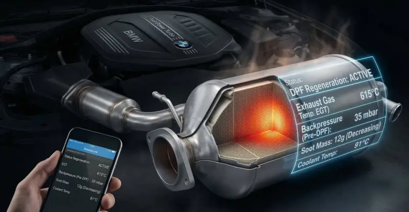 Silnik BMW TwinPower Turbo z aktywną regeneracją DPF. Na ekranie telefonu dane o temperaturze spalin i masie sadzy.
