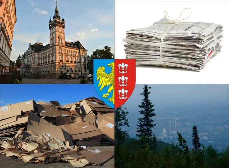Stos makulatury, stos kartonów, herb miasta i widok na panoramę. Sprawdź, jaka jest aktualna makulatura cena.
