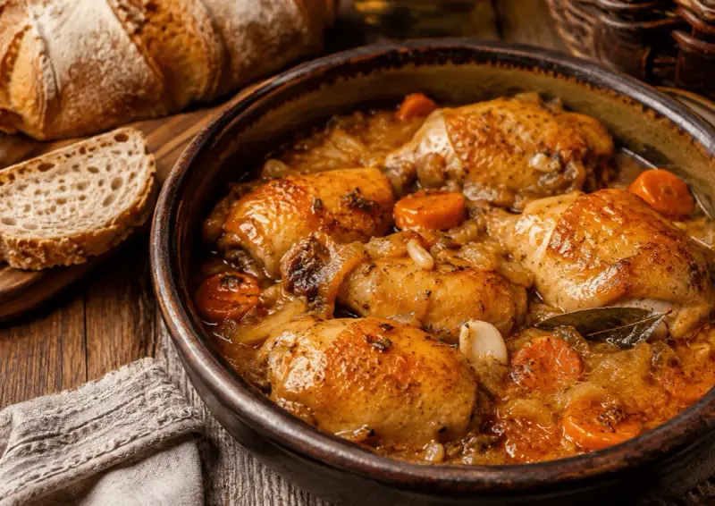 Muslos de pollo en salsa, una receta de la abuela que huele a hogar. Acompañados de pan rústico y zanahorias tiernas.