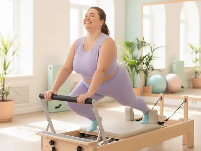 Frau lacht glücklich bei Pilates-Übungen auf einem Reformer. Pilates zum Abnehmen ist eine tolle Möglichkeit, fit zu werden.