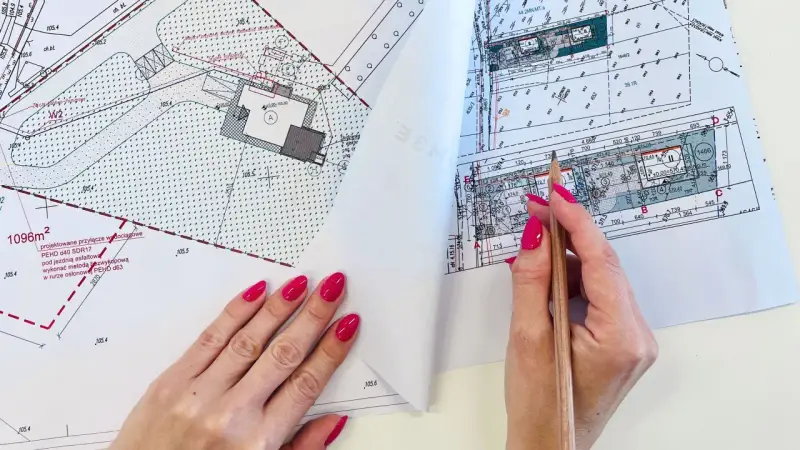 Ręka z różowymi paznokciami wskazuje ołówek na mapie do celów projektowych, gdzie widoczne są plany budowy i przyłączy.