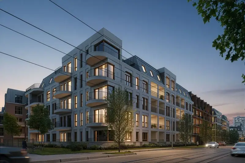 Nowe inwestycje Poznań: nowoczesne apartamentowce z balkonami i mansardowymi dachami, oświetlone wieczornym światłem, przy ulicy z torami tramwajowymi.