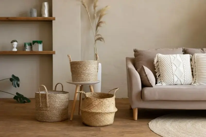 Przytulny salon w stylu boho: plecione kosze, beżowa kanapa z makramową poduszką i suszone trawy.