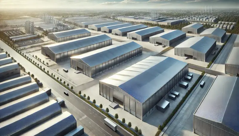 Vista aérea de un polígono industrial con naves de fachada zinc.