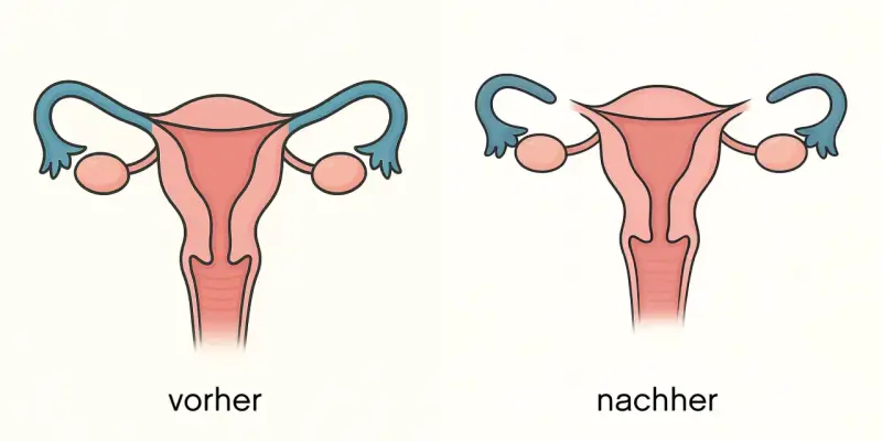 Vergleich: Gebärmutter mit durchgängigen Eileitern (vorher) und nach Sterilisation Frau (nachher), wo die Eileiter unterbrochen sind.
