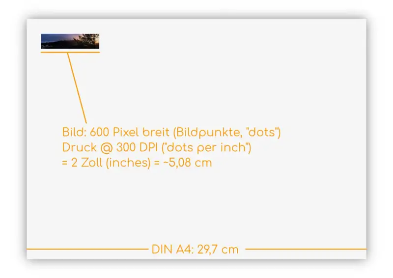 Ein Panoramafoto auf DIN A4 Maße gedruckt. Die Bildbreite beträgt 600 Pixel, was bei 300 DPI etwa 2 Zoll oder 5,08 cm entspricht.