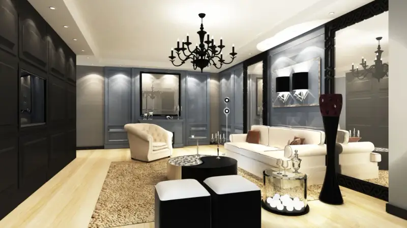 Elegancki salon w gotyckim stylu, z czarnym żyrandolem, kremową sofą i fotelem, ozdobiony lustrami i geometrycznymi akcentami.