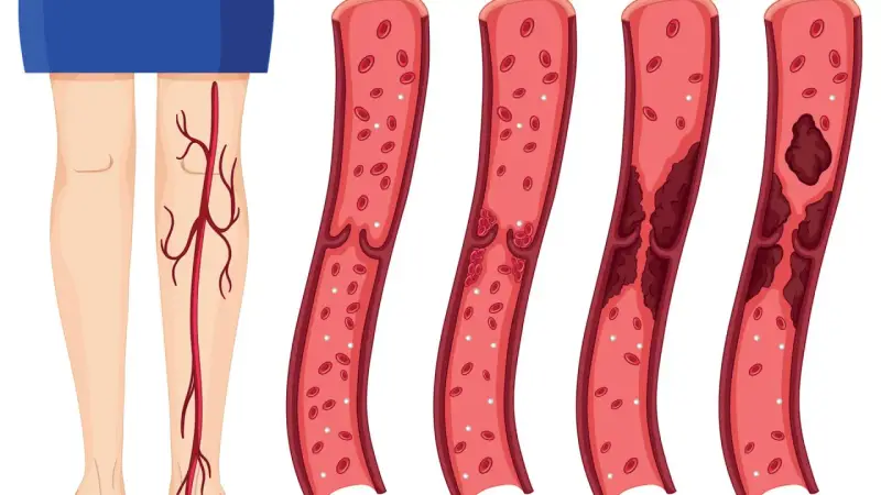 Illustration zeigt gesunde Wade und Blutgefäße mit zunehmender Thrombosebildung. Ein Thrombose Test Wade kann dies aufzeigen.