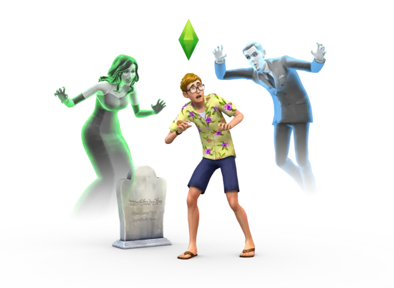 Przerażony Sim w hawajskiej koszuli próbuje dowiedzieć się, jak przywołać ducha w The Sims 4, podczas gdy dwa zjawy groźnie się do niego zbliżają.