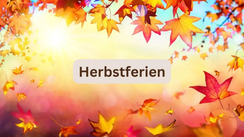 Bunte Herbstblätter fallen im Sonnenlicht. Perfekt für die Herbstferien Sachsen-Anhalt 2025!