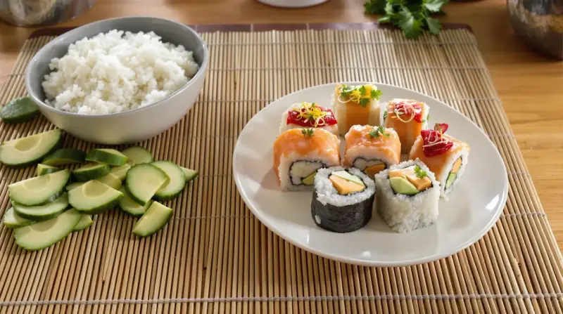 Kolorowe rolki sushi bez nori z łososiem, awokado i innymi dodatkami. Obok miska ryżu i pokrojony ogórek.