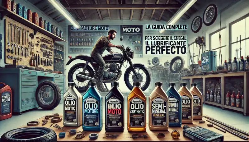 Officina con moto, attrezzi e una fila di oli motore, tra cui olio sintetico, per scegliere il lubrificante perfetto.