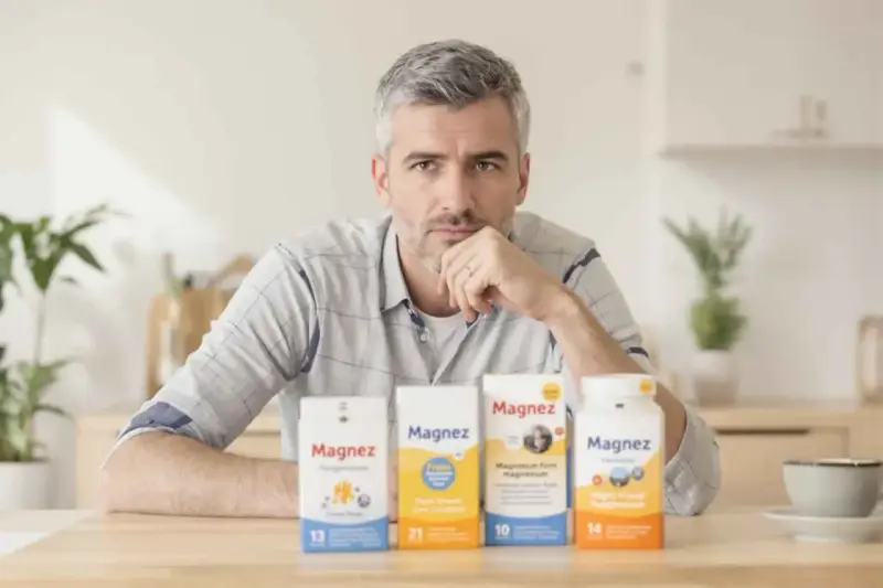 Mężczyzna zamyślony nad stołem, na którym stoją cztery opakowania magnezu, w tym tlenek magnezu.