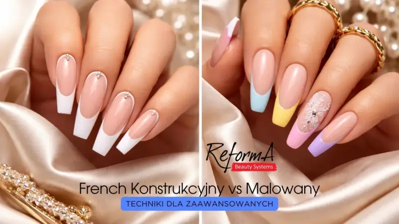 Dwa rodzaje stylizacji paznokci: klasyczny french konstrukcyjny z cyrkoniami i kolorowy french malowany z ozdobami.