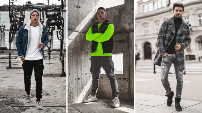 Trzech mężczyzn prezentuje gotowe zestawy ubrań do kupienia: denimowa kurtka z kożuszkiem, neonowa bluza z kamizelką i płaszcz w kratę.