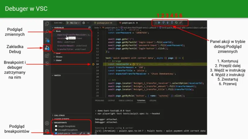 Debugger w VS Code. Widok zmiennych, zakładka Debug, breakpoint i kod testu. Test script w trakcie wykonywania.